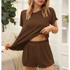 image:imageEkouaer Womens Pajamas 2 Piece Ribbed Knit Pjs Short Sleeve Sleepwear Set Summer Soft Pajamas Set Casual Lounge SetsBrown