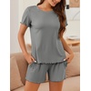 image:imageEkouaer Womens Pajamas 2 Piece Ribbed Knit Pjs Short Sleeve Sleepwear Set Summer Soft Pajamas Set Casual Lounge SetsGray