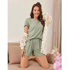 image:imageEkouaer Womens Pajamas 2 Piece Ribbed Knit Pjs Short Sleeve Sleepwear Set Summer Soft Pajamas Set Casual Lounge SetsGreen