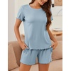 image:imageEkouaer Womens Pajamas 2 Piece Ribbed Knit Pjs Short Sleeve Sleepwear Set Summer Soft Pajamas Set Casual Lounge SetsLight Blue