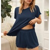 image:imageEkouaer Womens Pajamas 2 Piece Ribbed Knit Pjs Short Sleeve Sleepwear Set Summer Soft Pajamas Set Casual Lounge SetsNavy Blue