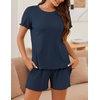 image:imageEkouaer Womens Pajamas 2 Piece Ribbed Knit Pjs Short Sleeve Sleepwear Set Summer Soft Pajamas Set Casual Lounge SetsNavy Blue