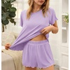 image:imageEkouaer Womens Pajamas 2 Piece Ribbed Knit Pjs Short Sleeve Sleepwear Set Summer Soft Pajamas Set Casual Lounge SetsPurple