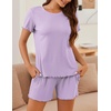 image:imageEkouaer Womens Pajamas 2 Piece Ribbed Knit Pjs Short Sleeve Sleepwear Set Summer Soft Pajamas Set Casual Lounge SetsPurple