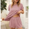 image:imageEkouaer Womens Pajamas 2 Piece Ribbed Knit Pjs Short Sleeve Sleepwear Set Summer Soft Pajamas Set Casual Lounge SetsRose Red