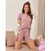 image:imageEkouaer Womens Pajamas 2 Piece Ribbed Knit Pjs Short Sleeve Sleepwear Set Summer Soft Pajamas Set Casual Lounge SetsRose Red