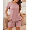image:imageEkouaer Womens Pajamas 2 Piece Ribbed Knit Pjs Short Sleeve Sleepwear Set Summer Soft Pajamas Set Casual Lounge SetsRose Red