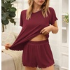 image:imageEkouaer Womens Pajamas 2 Piece Ribbed Knit Pjs Short Sleeve Sleepwear Set Summer Soft Pajamas Set Casual Lounge SetsWine Red