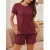 image:imageEkouaer Womens Pajamas 2 Piece Ribbed Knit Pjs Short Sleeve Sleepwear Set Summer Soft Pajamas Set Casual Lounge SetsWine Red