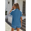 image:imageEkouaer Womens Ribbed Button Down Pajamas Sets 2 Piece Short Sleeve Shorts Pjs Knit Lounge SetsLake Blue