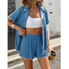 image:imageEkouaer Womens Ribbed Button Down Pajamas Sets 2 Piece Short Sleeve Shorts Pjs Knit Lounge SetsLake Blue
