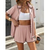 image:imageEkouaer Womens Ribbed Button Down Pajamas Sets 2 Piece Short Sleeve Shorts Pjs Knit Lounge SetsPeach Pink