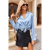 image:imageEkouaer Womens Satin Pajama Sets Long Sleeve Top and Shorts Lounge Set Button Down SleepwearClear Blue