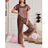 image:imageEkouaer Womens Satin Silky Pajama Set 2 Piece Short Sleeve Shirt with Long Pants Pjs Sets Soft PJ Loungewear SXXLBrown