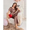image:imageEkouaer Womens Satin Silky Pajama Set 2 Piece Short Sleeve Shirt with Long Pants Pjs Sets Soft PJ Loungewear SXXLBrown