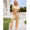 image:imageEkouaer Womens Satin Silky Pajama Set 2 Piece Short Sleeve Shirt with Long Pants Pjs Sets Soft PJ Loungewear SXXLKhaki