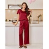 image:imageEkouaer Womens Satin Silky Pajama Set 2 Piece Short Sleeve Shirt with Long Pants Pjs Sets Soft PJ Loungewear SXXLWine Red