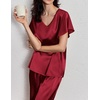 image:imageEkouaer Womens Satin Silky Pajama Set 2 Piece Short Sleeve Shirt with Long Pants Pjs Sets Soft PJ Loungewear SXXLWine Red