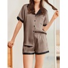 image:imageEkouaer Womens Silk Satin Pajama Set Short Sleeve PJs 2 Piece Button Down Top and Shorts Notch Collar Sleepwear Sets Soft PjsB1brown