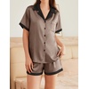 image:imageEkouaer Womens Silk Satin Pajama Set Short Sleeve PJs 2 Piece Button Down Top and Shorts Notch Collar Sleepwear Sets Soft PjsB1brown
