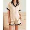 image:imageEkouaer Womens Silk Satin Pajama Set Short Sleeve PJs 2 Piece Button Down Top and Shorts Notch Collar Sleepwear Sets Soft PjsBbeige