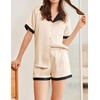 image:imageEkouaer Womens Silk Satin Pajama Set Short Sleeve PJs 2 Piece Button Down Top and Shorts Notch Collar Sleepwear Sets Soft PjsBbeige