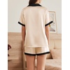 image:imageEkouaer Womens Silk Satin Pajama Set Short Sleeve PJs 2 Piece Button Down Top and Shorts Notch Collar Sleepwear Sets Soft PjsBbeige