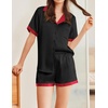 image:imageEkouaer Womens Silk Satin Pajama Set Short Sleeve PJs 2 Piece Button Down Top and Shorts Notch Collar Sleepwear Sets Soft PjsBlack With Red