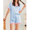 image:imageEkouaer Womens Silk Satin Pajama Set Short Sleeve PJs 2 Piece Button Down Top and Shorts Notch Collar Sleepwear Sets Soft PjsBlue