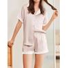image:imageEkouaer Womens Silk Satin Pajama Set Short Sleeve PJs 2 Piece Button Down Top and Shorts Notch Collar Sleepwear Sets Soft PjsChampagne