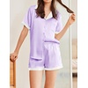 image:imageEkouaer Womens Silk Satin Pajama Set Short Sleeve PJs 2 Piece Button Down Top and Shorts Notch Collar Sleepwear Sets Soft PjsPurple
