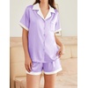 image:imageEkouaer Womens Silk Satin Pajama Set Short Sleeve PJs 2 Piece Button Down Top and Shorts Notch Collar Sleepwear Sets Soft PjsPurple