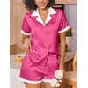 image:imageEkouaer Womens Silk Satin Pajama Set Short Sleeve PJs 2 Piece Button Down Top and Shorts Notch Collar Sleepwear Sets Soft PjsRose Red
