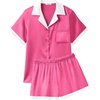 image:imageEkouaer Womens Silk Satin Pajama Set Short Sleeve PJs 2 Piece Button Down Top and Shorts Notch Collar Sleepwear Sets Soft PjsRose Red