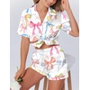 image:imageEkouaer Womens Silk Satin Pajamas Set Animals Print Pjs Button Down Short Sleeve Lounge Set 2 Piece SleepwearBowknot