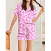 image:imageEkouaer Womens Silk Satin Pajamas Set Animals Print Pjs Button Down Short Sleeve Lounge Set 2 Piece SleepwearPink Bowknot