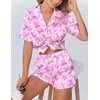 image:imageEkouaer Womens Silk Satin Pajamas Set Animals Print Pjs Button Down Short Sleeve Lounge Set 2 Piece SleepwearPink Bowknot