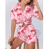 image:imageEkouaer Womens Silk Satin Pajamas Set Animals Print Pjs Button Down Short Sleeve Lounge Set 2 Piece SleepwearRed Bowknot