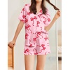 image:imageEkouaer Womens Silk Satin Pajamas Set Animals Print Pjs Button Down Short Sleeve Lounge Set 2 Piece SleepwearRed Bowknot