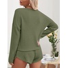 image:imageEkouaer Womens Waffle Knit Pajama Sets Long Sleeve Top and Shorts Matching Lounge Set Loungewear Sweatsuit with PocketsArmy Green