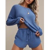 image:imageEkouaer Womens Waffle Knit Pajama Sets Long Sleeve Top and Shorts Matching Lounge Set Loungewear Sweatsuit with PocketsBlue