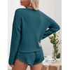 image:imageEkouaer Womens Waffle Knit Pajama Sets Long Sleeve Top and Shorts Matching Lounge Set Loungewear Sweatsuit with PocketsBlue and Green