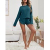 image:imageEkouaer Womens Waffle Knit Pajama Sets Long Sleeve Top and Shorts Matching Lounge Set Loungewear Sweatsuit with PocketsBlue and Green