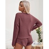 image:imageEkouaer Womens Waffle Knit Pajama Sets Long Sleeve Top and Shorts Matching Lounge Set Loungewear Sweatsuit with PocketsBurgundy