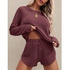 image:imageEkouaer Womens Waffle Knit Pajama Sets Long Sleeve Top and Shorts Matching Lounge Set Loungewear Sweatsuit with PocketsBurgundy