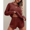 image:imageEkouaer Womens Waffle Knit Pajama Sets Long Sleeve Top and Shorts Matching Lounge Set Loungewear Sweatsuit with PocketsMaroon