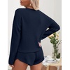 image:imageEkouaer Womens Waffle Knit Pajama Sets Long Sleeve Top and Shorts Matching Lounge Set Loungewear Sweatsuit with PocketsMidnight Blue