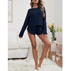 image:imageEkouaer Womens Waffle Knit Pajama Sets Long Sleeve Top and Shorts Matching Lounge Set Loungewear Sweatsuit with PocketsMidnight Blue