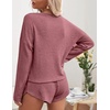 image:imageEkouaer Womens Waffle Knit Pajama Sets Long Sleeve Top and Shorts Matching Lounge Set Loungewear Sweatsuit with PocketsPurplish Red