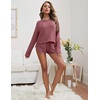 image:imageEkouaer Womens Waffle Knit Pajama Sets Long Sleeve Top and Shorts Matching Lounge Set Loungewear Sweatsuit with PocketsPurplish Red